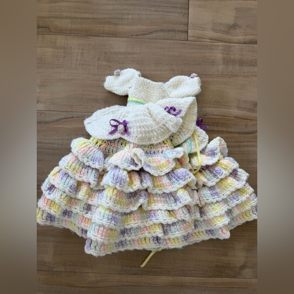 Handmade Crochet Ruffle Dress for Doll- Cream with Pastel Accents